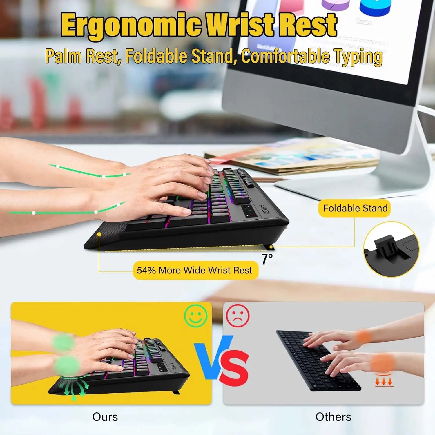 Wrist support silent backlit gaming keyboard